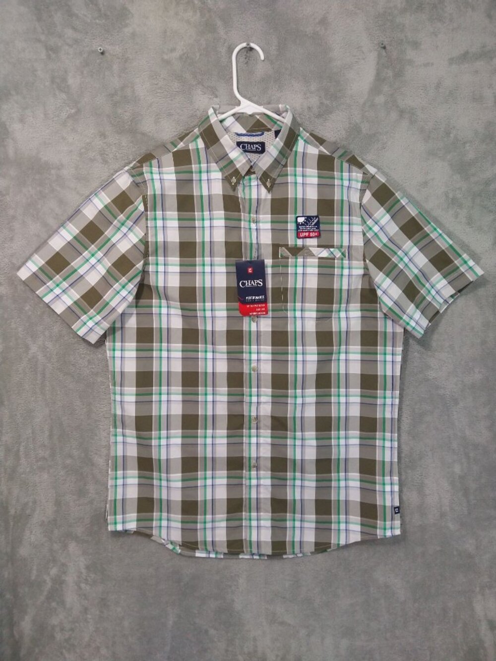 Chaps Shirt Mens Medium Plaid Performance Short Sleeve Button Down UPF 50